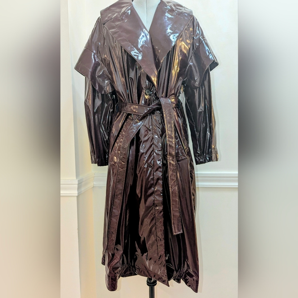 Palmer Harding Burgundy Patent Leather Look Trench Belted Statement Coat NWT - Picture 3 of 8